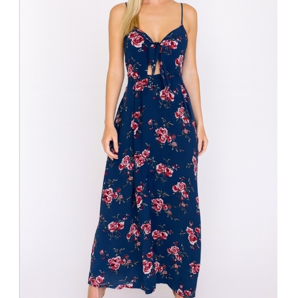 Dreamers maxi dress Navy blue floral print tie chest SZ SM V-neck top beach - Picture 1 of 10